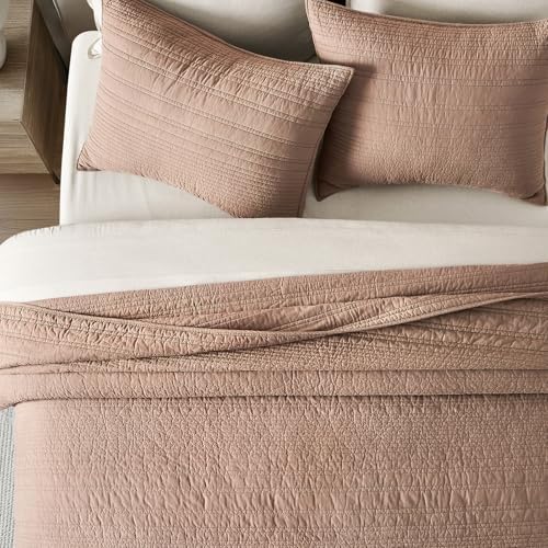 EVERGRACEHOME 100% Cotton Modern Lines Quilt Set King Size, Rose Dust