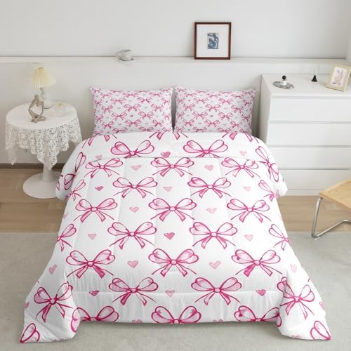 Pink Bow Girlish Kids Comforter Set Queen Size,Bowknot Love Heart Hand Paint Cute Bedding Set,Girls Women Room Decor,Princess Style Bow Tie Down Comforter,Girly Romantic Duvet Insert,2 Pillowcases