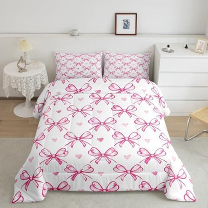 Pink Bow Girlish Kids Comforter Set Queen Size,Bowknot Love Heart Hand Paint Cute Bedding Set,Girls Women Room Decor,Princess Style Bow Tie Down Comforter,Girly Romantic Duvet Insert,2 Pillowcases