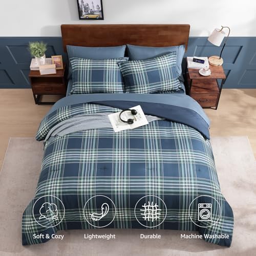 Plaid Queen Comforter Set 7 Pieces Bed in a Bag for Boys Girls Teen