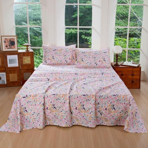 FADFAY Twin Pink Paisley 100% Egyptian Cotton Sheets Set 4 Piece, Vintage Botanical Cottagecore Bedding, Luxury Breathable Boho Floral Farmhouse Bedding with Deep Pocket Fitted Sheet for All Seasons
