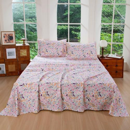 FADFAY Twin Pink Paisley 100% Egyptian Cotton Sheets Set 4 Piece, Vintage Botanical Cottagecore Bedding, Luxury Breathable Boho Floral Farmhouse Bedding with Deep Pocket Fitted Sheet for All Seasons
