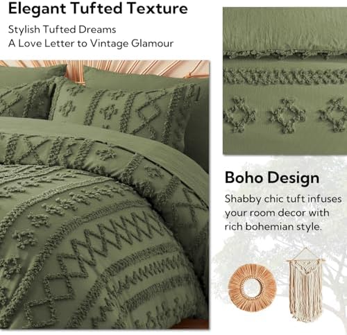 MR&HM Queen Comforter Set 7 Pieces, Tufted Boho Beddding Set Olive Green