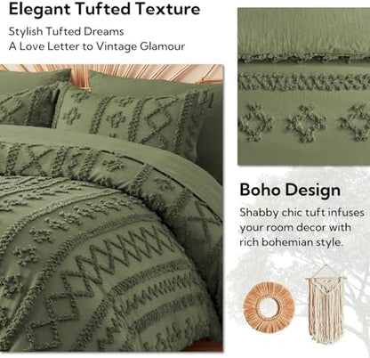 MR&HM Queen Comforter Set 7 Pieces, Tufted Boho Beddding Set Olive Green