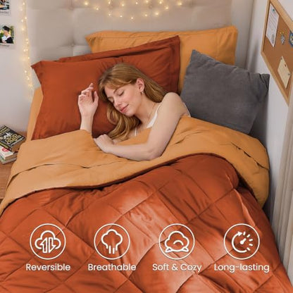 MUXHOMO 5 Pieces Twin XL Comforter Set, Reversible Bed in a Bag Twin XL Size, All Season Bedding Set with Comforter, Flat Sheet, Fitted Sheet, Pillowcases & Shams, Burnt Orange & Camel