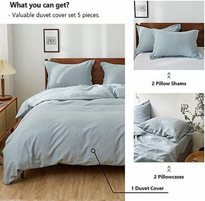 Simple&Opulence 100% Washed Linen Duvet Cover Set 5pcs(1 Duvet Cover& 2 Shams& 2 Pillowcases) Basic Style Natural French Flax Soft Breathable Farmhouse Bedding (King, Dusty Blue)