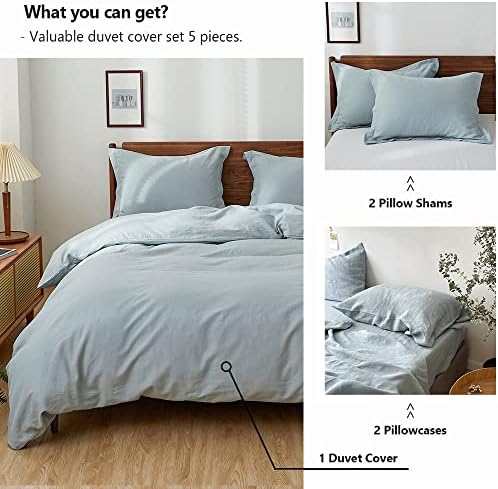 Simple&Opulence 100% Washed Linen Duvet Cover Set 5pcs(1 Duvet Cover& 2 Shams& 2 Pillowcases) Basic Style Natural French Flax Soft Breathable Farmhouse Bedding (Queen, Dusty Blue)