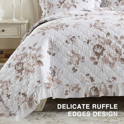 HORIMOTE HOME Khaki Ruffled Quilt Queen Size with 2 Pillow Shams, Shabby Chic Floral Printed Reversible Bedspread Coverlet, Soft Lightweight Comforter Bed Cover for All Season, 3 Pieces, 90x96 inches