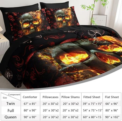 AILONEN 7-Piece Fire Skull Comforter Sets Queen Size,3D Skeleton Bedding Set for Kids Boys Teens,Fiery Style Black Tint Comforter & Fitted Sheet with Flat Sheet & 2 Pillowcases,2 Pillow Shams