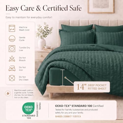 CozyLux Twin XL Comforter Set 5 Pieces Forest Green Seersucker Bed in a Bag