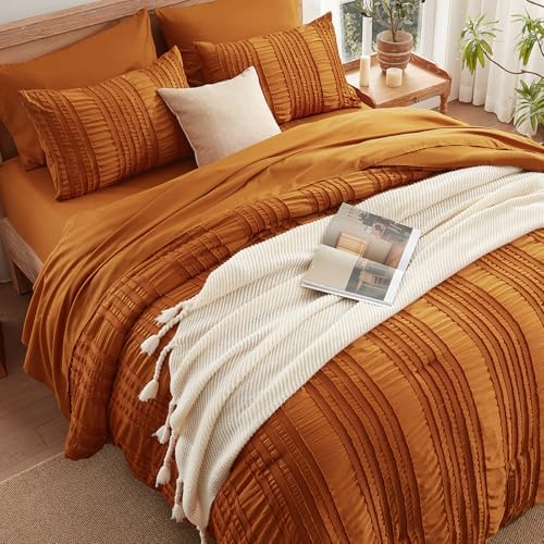 Burnt Orange Tufted Textured Comforter Set King Size, 7 Piece Bed in a Bag，Shabby Chic Boho Bedding for Bedroom Comforter，All Season Soft Microfiber Ruffle Comforter Set with Pillow and Sheets