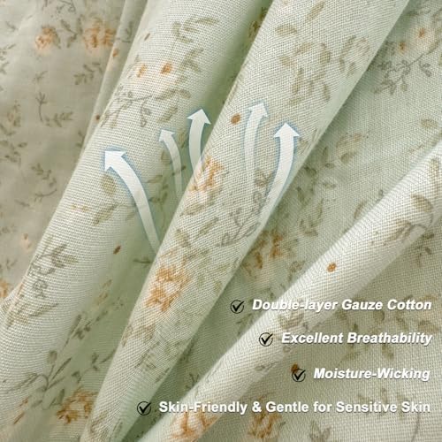 VM VOUGEMARKET Ruffle Duvet Cover Set Twin,Vintage Sage Green Floral Duvet Cover with Romantic Ruffles,Double-Layer Gauze Cotton Bedding Set,Comfy,Breathable & Lightweight for Teen Girls-68 x86