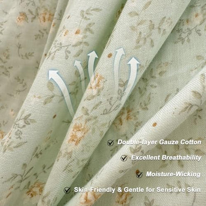 VM VOUGEMARKET Ruffle Duvet Cover Set Twin,Vintage Sage Green Floral Duvet Cover with Romantic Ruffles,Double-Layer Gauze Cotton Bedding Set,Comfy,Breathable & Lightweight for Teen Girls-68 x86