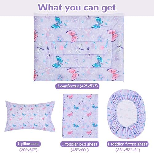 lasoftan Butterfly Toddler Bedding Set for Girls, 4 Piece Bed-in-a-Bag Toddler Comforter Sets, Super Soft Comforter Sheet Set and Comfortable Microfiber Toddler Bed Set