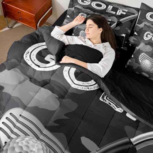 Erosebridal Golf Bedding - Sports Ball Pattern King Comforter Set with Sheets, Camo Golf Print Kids Comforter Sets for Boys Girls 7 Pieces Bed Set Bedroom Decor