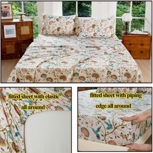 FADFAY Cal King 100% Egyptian Cotton Sheets Set 4 Piece, Luxury Cottagecore Botanical Floral Bird Print Ultra Soft Cooling Bed Sheets, Breathable Deep Pocket Hotel Quality Bedding for Hot Sleepers