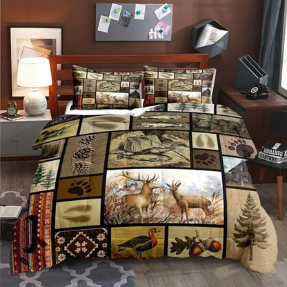 LUVIVIHOME 3PCS Rustic Lodge Comforter Set Full Size, Fish Bear Deer Cabin Bedding Set for Men, Forest Animals Elk Moose Duck Wildlife Hunting Fishing Farmhouse Country Patchwork Quilt, 2 Pillow Shams