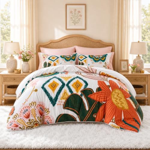 Tyrot Boho Floral Queen Comforter Set - 3 Piece Farmhouse Botanical Bedding Comforter Sets for All Season Soft Lightweight Mid Century Modern Bed Set, (1 Reversible Comforter and 2 Pillow Shams
