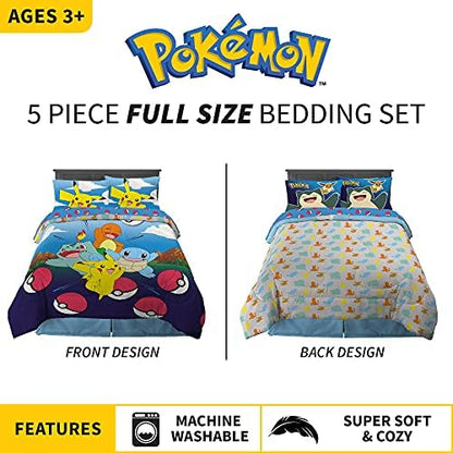Pokémon Gaming Anime Kids Bedding Super Soft Microfiber Comforter And Sheet Set, 5 Piece Full Size, (Officially Licensed Product) By Franco