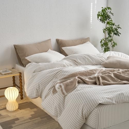 MooMee Striped Duvet Cover Set 100% Washed Cotton Linen Like Queen