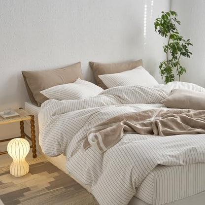 MooMee Striped Duvet Cover Set 100% Washed Cotton Linen Like Super King