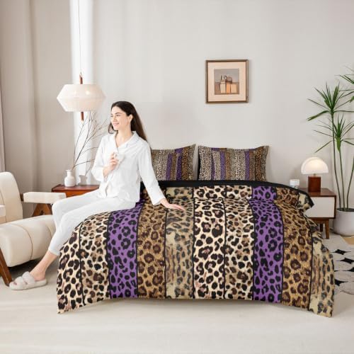 Erosebridal Purple and Brown Leopard Print Queen Bedding Set for Men Women Adults - African Cheetah Printed Comforter Set Wild Safari Animal 7-Piece Bed in a Bag Modern Leopard Print Quilt Sets