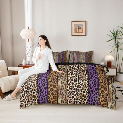 Erosebridal Purple and Brown Leopard Print Queen Bedding Set for Men Women Adults - African Cheetah Printed Comforter Set Wild Safari Animal 7-Piece Bed in a Bag Modern Leopard Print Quilt Sets