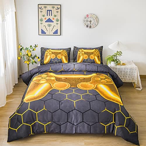NTBED Gold Game Console Comforter Set Queen for Boys Girls Kids 3D Gaming Geometric Lightweight Microfiber Bedding Sets