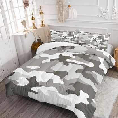 Nttopship Grey Camo Comforter Set for Girls Men，Full Size Grey Camouflage Bedding Sets for Kids Boys,Ultra Soft Lightweight Bedding Sets，Kids Room Decor with 1 Comforter with 2 Pillow Case