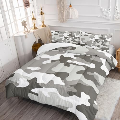 Nttopship Grey Camo Comforter Set for Girls Men，Twin Size Grey Camouflage Bedding Sets for Kids Boys,Ultra Soft Lightweight Bedding Sets，Kids Room Decor with 1 Comforter with 2 Pillow Case