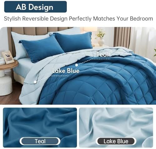 MUXHOMO 7 Pieces King Comforter Set, Reversible Bed in a Bag King Size, All Season Bedding Set with Comforter, Flat Sheet, Fitted Sheet, Pillowcases & Shams, Teal & Lake Blue