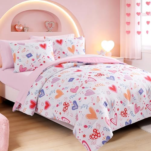 Girls Full Size Comforter Sets - 7 Pieces Heart Full Size Bedding Sets