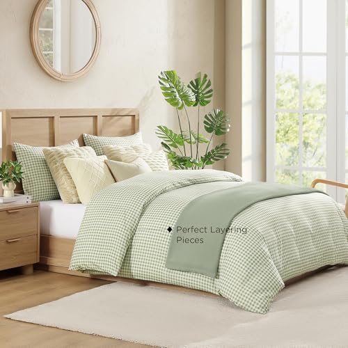 Andency Sage Gingham Duvet Cover King, Green Checkered Plaid Bedding Set