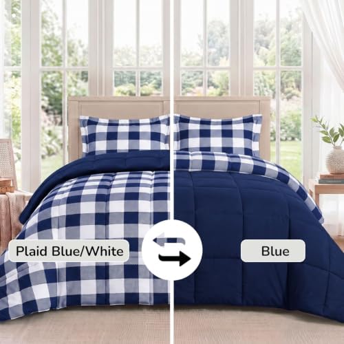 downluxe Lightweight Plaid Comforter Set (Queen) with 2 Pillow Shams - 3-Piece Set - Blue/White Plaid - Down Alternative Reversible Comforter