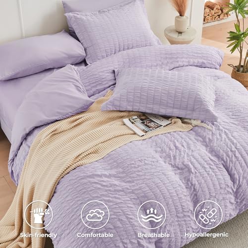 HYMOKEGE Lavender Oversized King Comforter Set Seersucker 7 Pieces, All Season Luxury Bed in a Bag for Bedroom, Bedding Set with Comforter, Sheets, Pillowcases & Shams