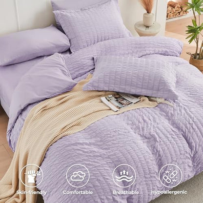 HYMOKEGE Lavender Oversized King Comforter Set Seersucker 7 Pieces, All Season Luxury Bed in a Bag for Bedroom, Bedding Set with Comforter, Sheets, Pillowcases & Shams