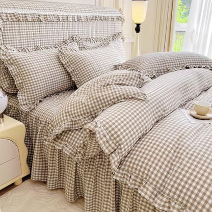 mixinni Vintage Ruffle Tan Gingham Comforter Set 3-Piece Washed Cotton Twin XL Beige Grid Bedding Set with Taupe Geometric Checkered Pattern, Farmhouse Chic Soft Fluffy Comforter for All-Season