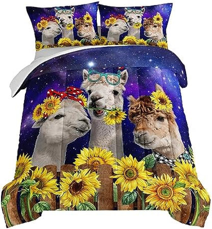 HOSIMA Funny Llama Comforter Set,Alpacas Bedding Sets Animal Theme Room Decor.Soft Microfiber Star Galaxy Sunflower Bed in a Bag King Size Comforter Set for Boys Girls Teens Dorm Room Essentials.