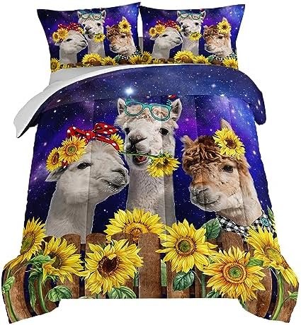 HOSIMA Funny Llama Twin Comforter Set,Alpacas Bedding Sets Animal Theme Room Decor.Soft Microfiber Star Galaxy Sunflower Twin Bed in a Bag for Boys Girls Children Teens Dorm Room Essentials.
