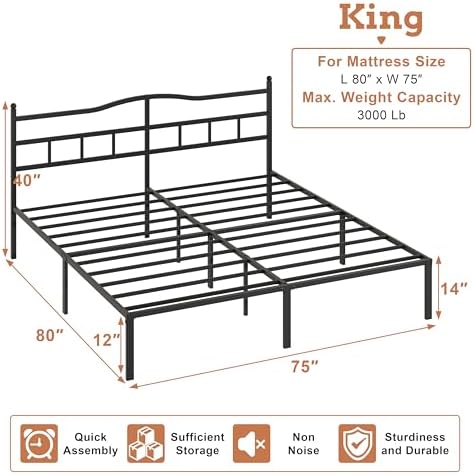 OSASET 14 inch King Bed Frame -Platform Bed Frame with Headbroad Metal Bed Frame No Box Spring Noise Free Easy Assembly