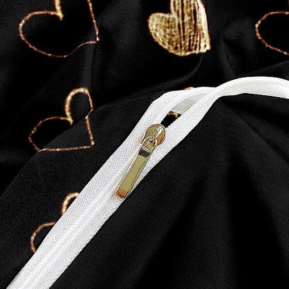 Queen Size Golden Hearts Duvet Cover with Pillowcases Gold Glitter Bed Set Black Bedding Comforter Cover for Gilrs Bedroom