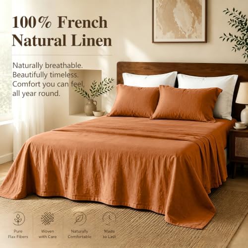 MEISHANG 100% French Linen Sheets California King,4 Pcs,16" Deep Pocket