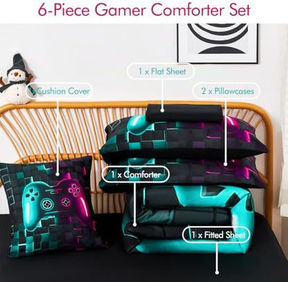 PERFEMET Game Boys Twin Bedding Sets 6 Pieces Purple Teal Gaming Comforters