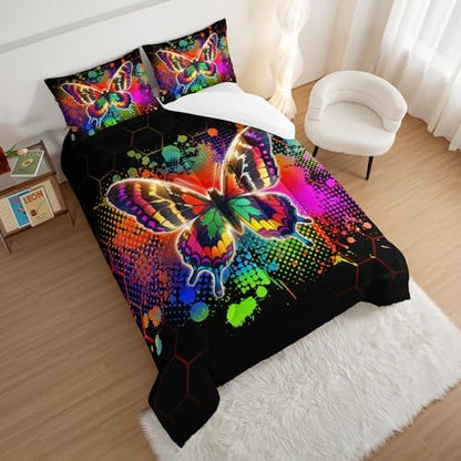 HOSIMA Beauty Butterfly Comforter Set, Colorful Tie Dye Bedding Sets Full Size for Kids Girls Teens Bedroom Decor, Honeycomb Pattern Comforter Set Full Size with 2 Pillowcases