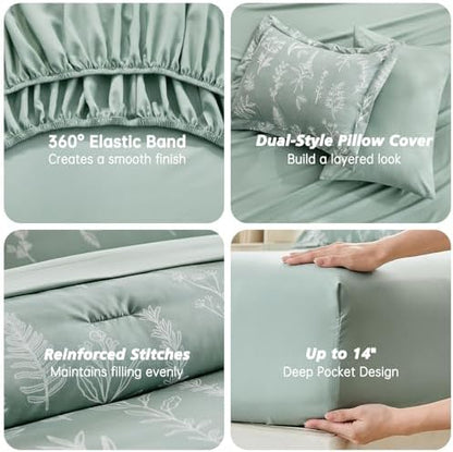 MUXHOMO Oversized King Comforter Set, Sage Green Elegant Floral Print Bed in a Bag 7 Pieces, Soft & Breathable Reversible Botanical Pattern Bedding Set with Comforter, Sheets, Pillowcases & Shams