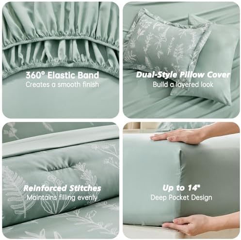 MUXHOMO Oversized Queen Comforter Set, Sage Green Elegant Floral Print Bed in a Bag 7 Pieces, Soft & Breathable Reversible Botanical Pattern Bedding Set with Comforter, Sheets, Pillowcases, and Shams