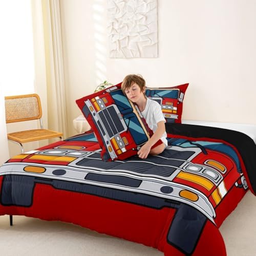 Feelyou Red Fire Truck Comforter Set Full Size Firefighter Bedding Set for Kids Boys Girls Firemen Car Vehicle Duvet Quilt Bedroom Decor Microfiber 3 Pcs with 2 Pillow Cases