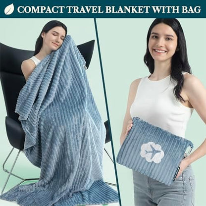 PAVILIA Travel Blanket Pillow, Soft Ribbed Fleece Airplane Blanket, Blue