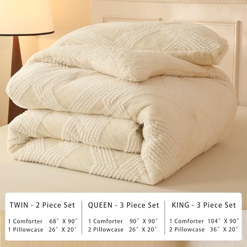 tohrisa Tufted Boho Comforter Set Queen - White Fluffy Sherpa Bedding Set, Soft Fuzzy Jacquard Quilt Set, 3 Pieces Cozy Bed Set Warm Comforter for Winter(90"X90")