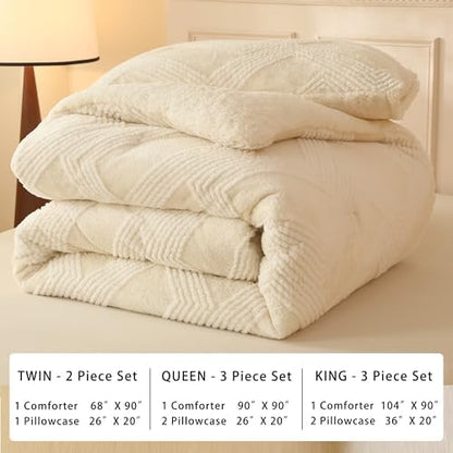 tohrisa Tufted Boho Comforter Set King - White Fluffy Sherpa Bedding Set, Soft Fuzzy Jacquard Quilt Set, 3 Pieces Cozy Bed Set Warm Comforter for Winter(104"X90")